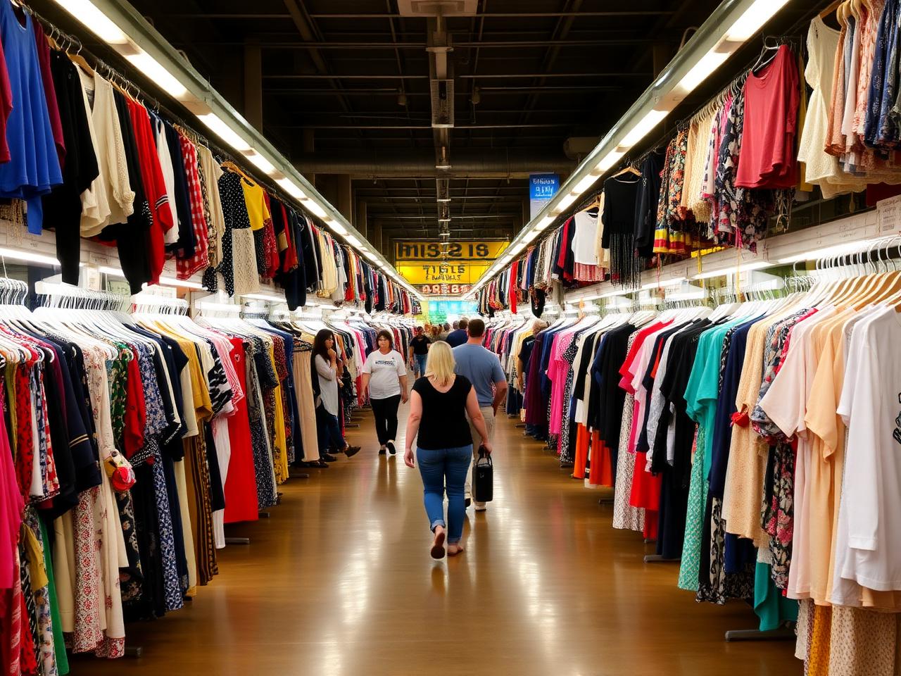 Long aisle inside the Village Flea Market lined with clothing vendors